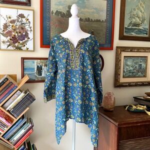 Block Print Floral Oversized Blue Handkerchief Hem Tunic Top 2X Boho India Beach